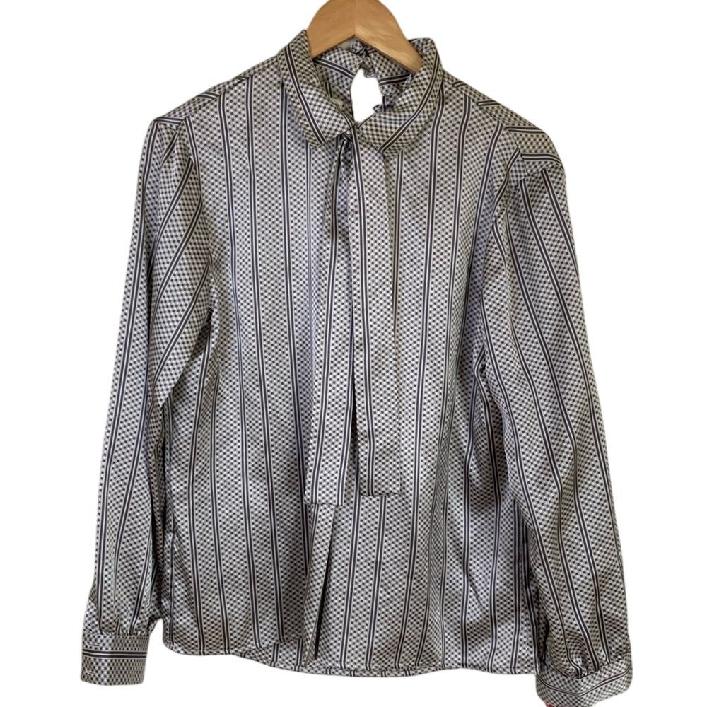 Vintage Personal Womens Blouse Size 8 Grey‎ High Colar Bow Neck Long Sleeve